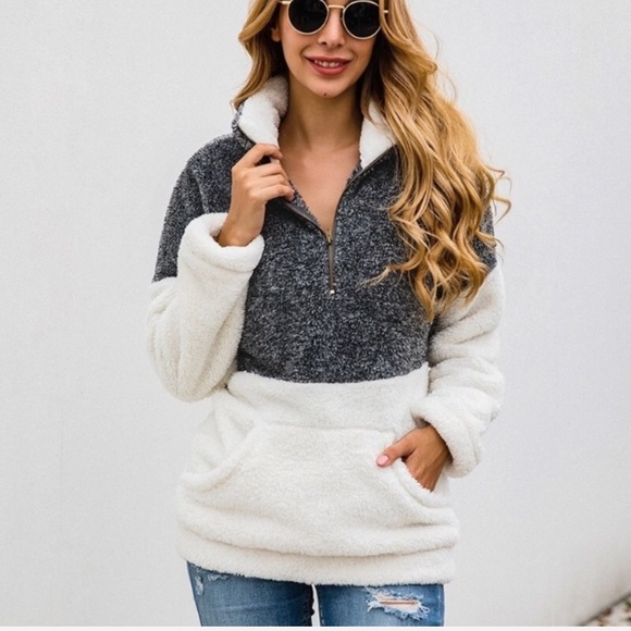 Plush Quarter Zip Grey Soft Cozy Fuzzy Pullover - Picture 2 of 7